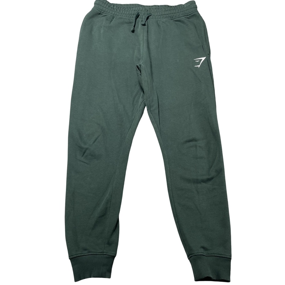 Gymshark Jogger Pants Mens Small Green Fleece Sweatpants Drawstring Cuffs Logo